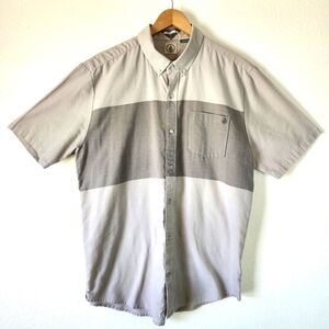Volcom Men's XL Beige Grey Stripe Classic Fit Collared Button Up Shirt